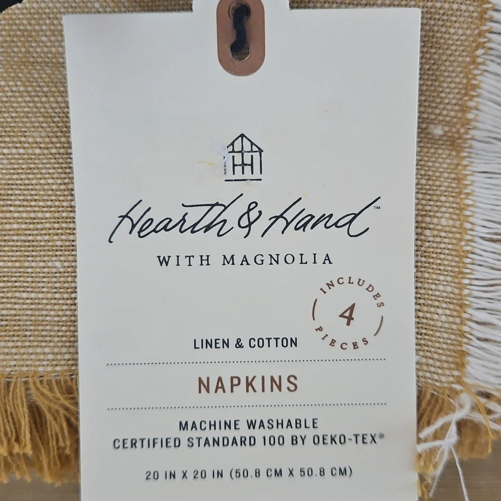 Hearth & Hand NWT Linen Cotton Harvest Gold & White Fringe Hem Set of 4 Napkins